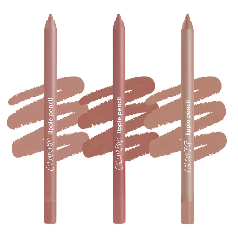 ColourPop front packaging showing three cool-tone lip pencils and shade labels for easy selection
