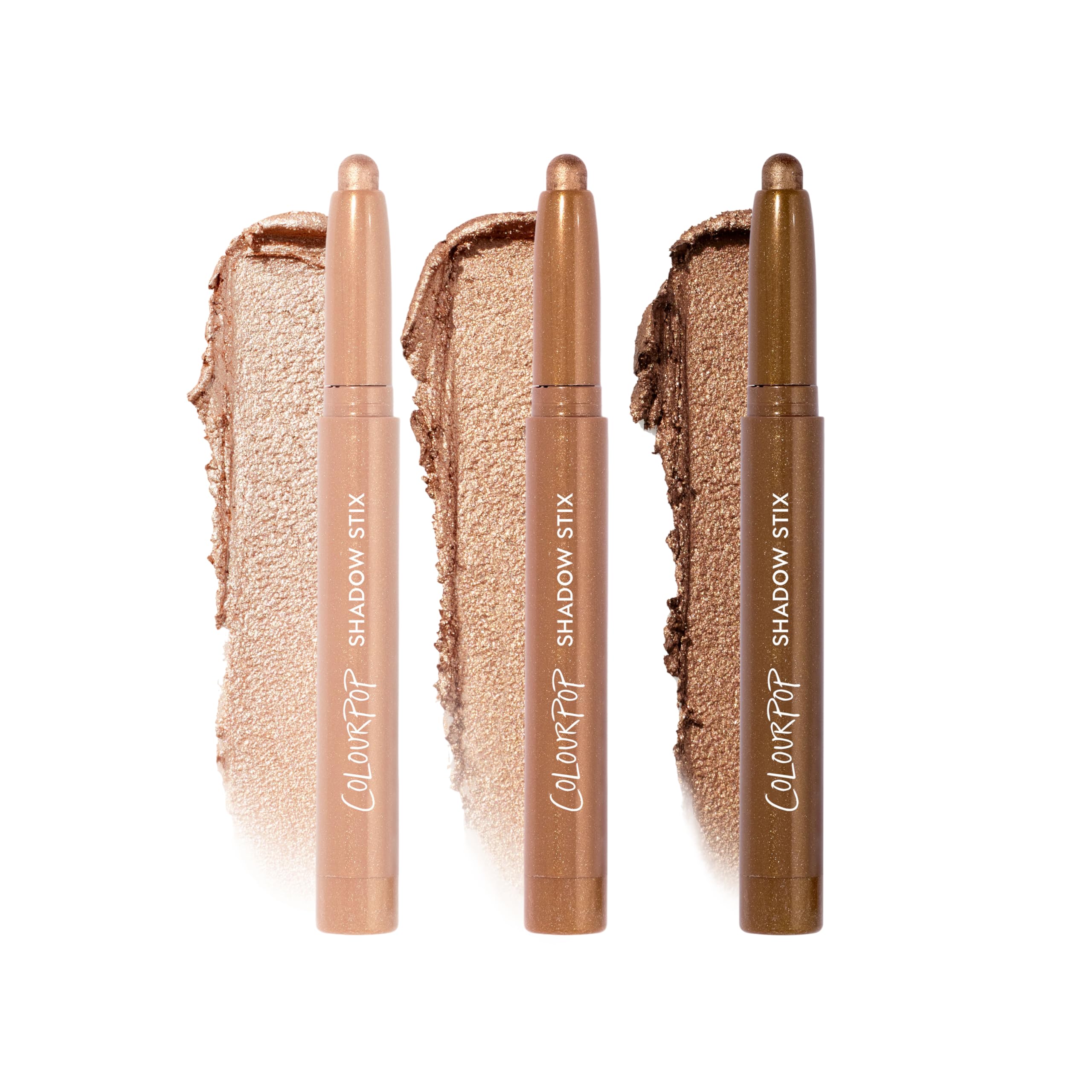 ColourPop kit front packaging showing three shimmering gold Shadow Stix and benefits