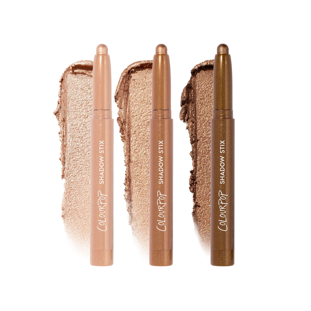 ColourPop kit front packaging showing three shimmering gold Shadow Stix and benefits