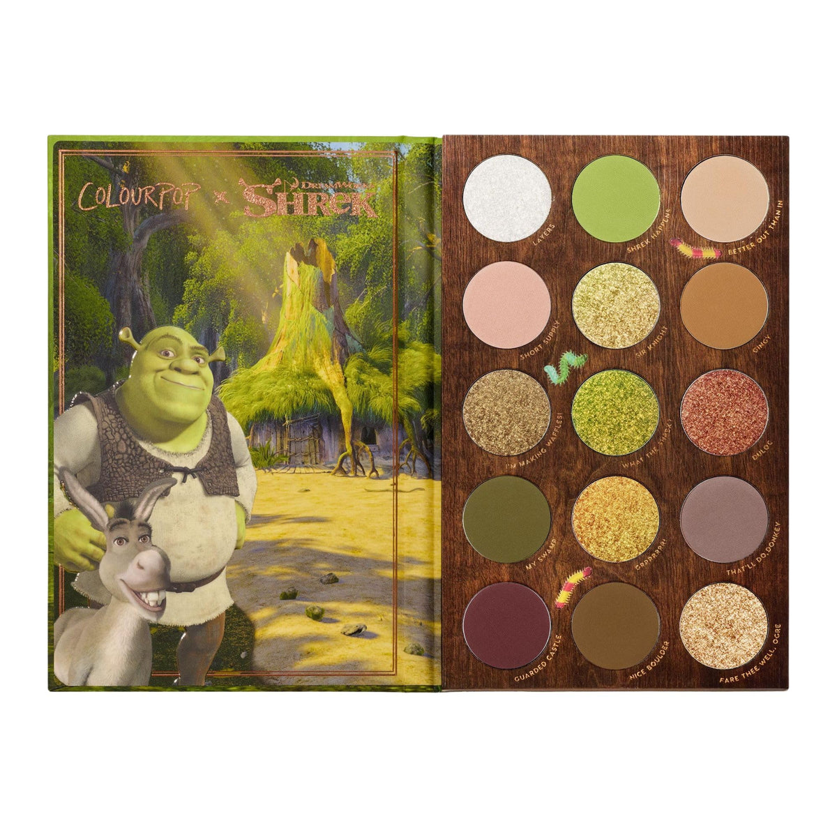 ColourPop Shrek palette front packaging showing collectible storybook design and charm
