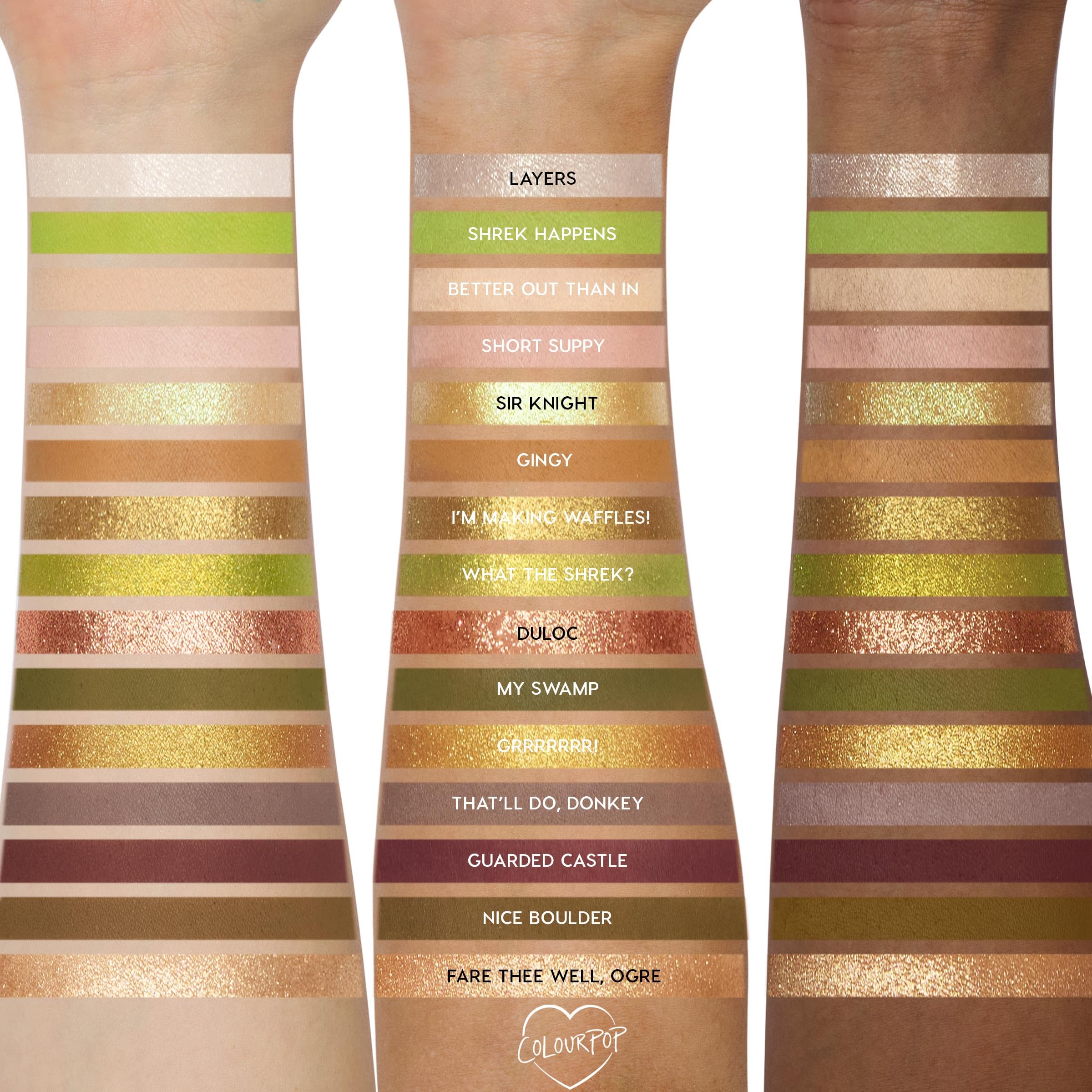 ColourPop Shrek palette applied on eyes showing blendable colors and creative styling