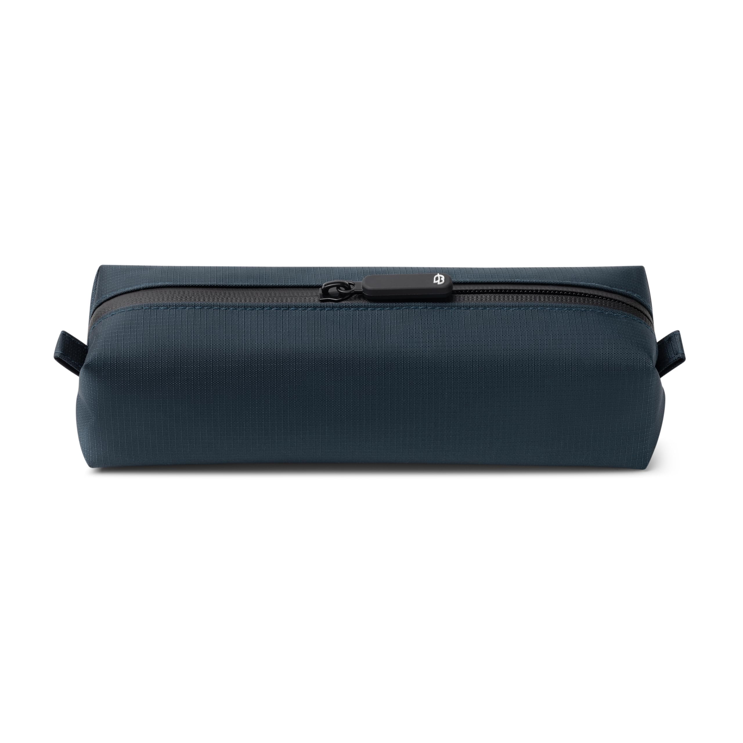 Comfyable front view of blue slim toiletry bag showing compact shape and portability