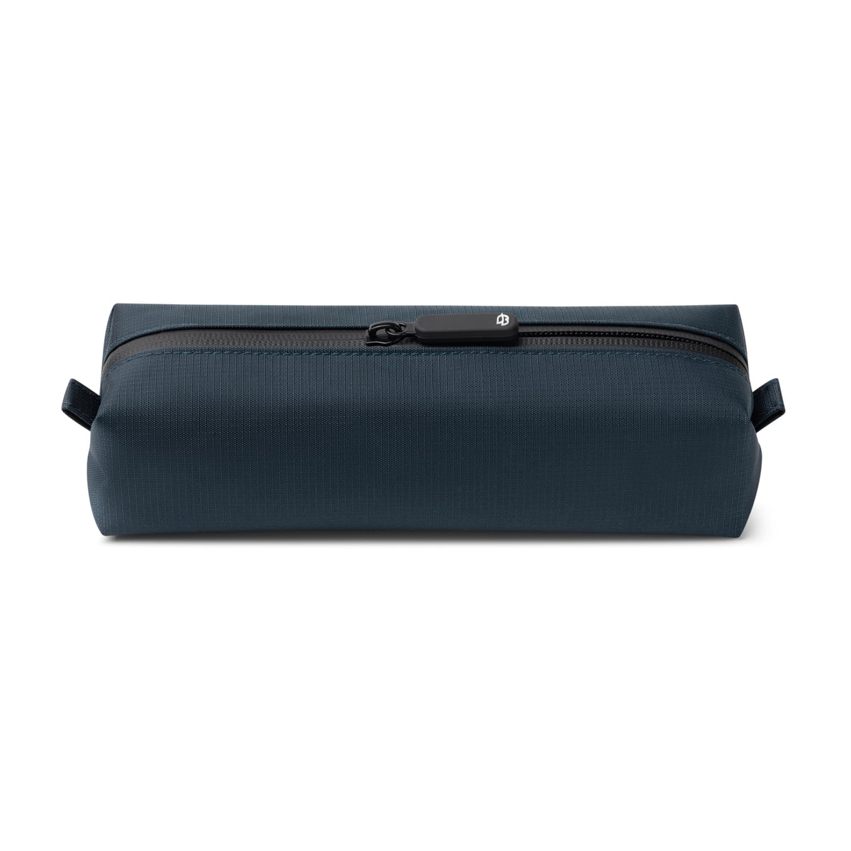 Comfyable front view of blue slim toiletry bag showing compact shape and portability