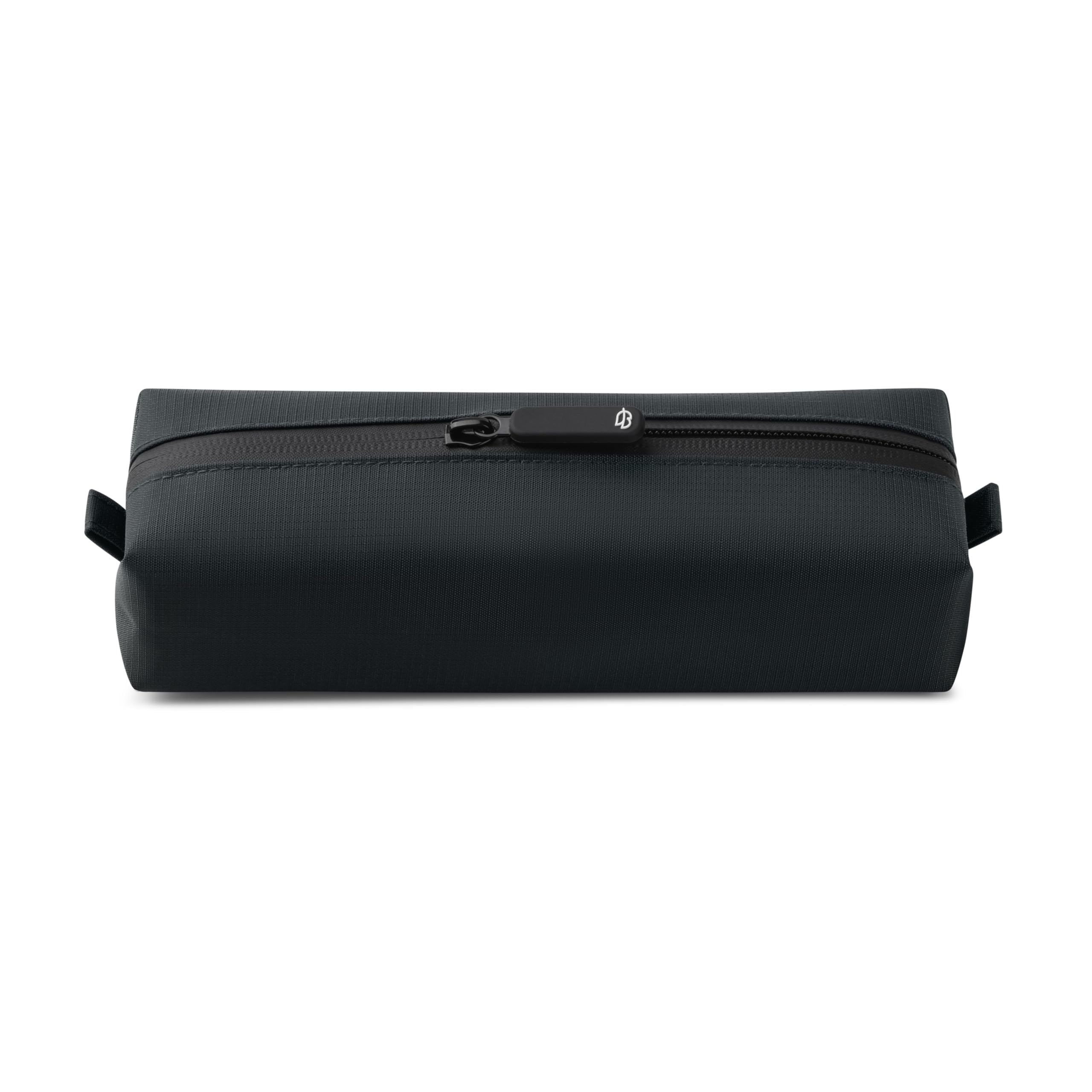 Comfyable front view showing compact dark gray dopp kit and easy carry benefit