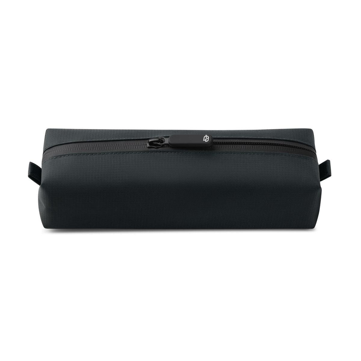 Comfyable front view showing compact dark gray dopp kit and easy carry benefit