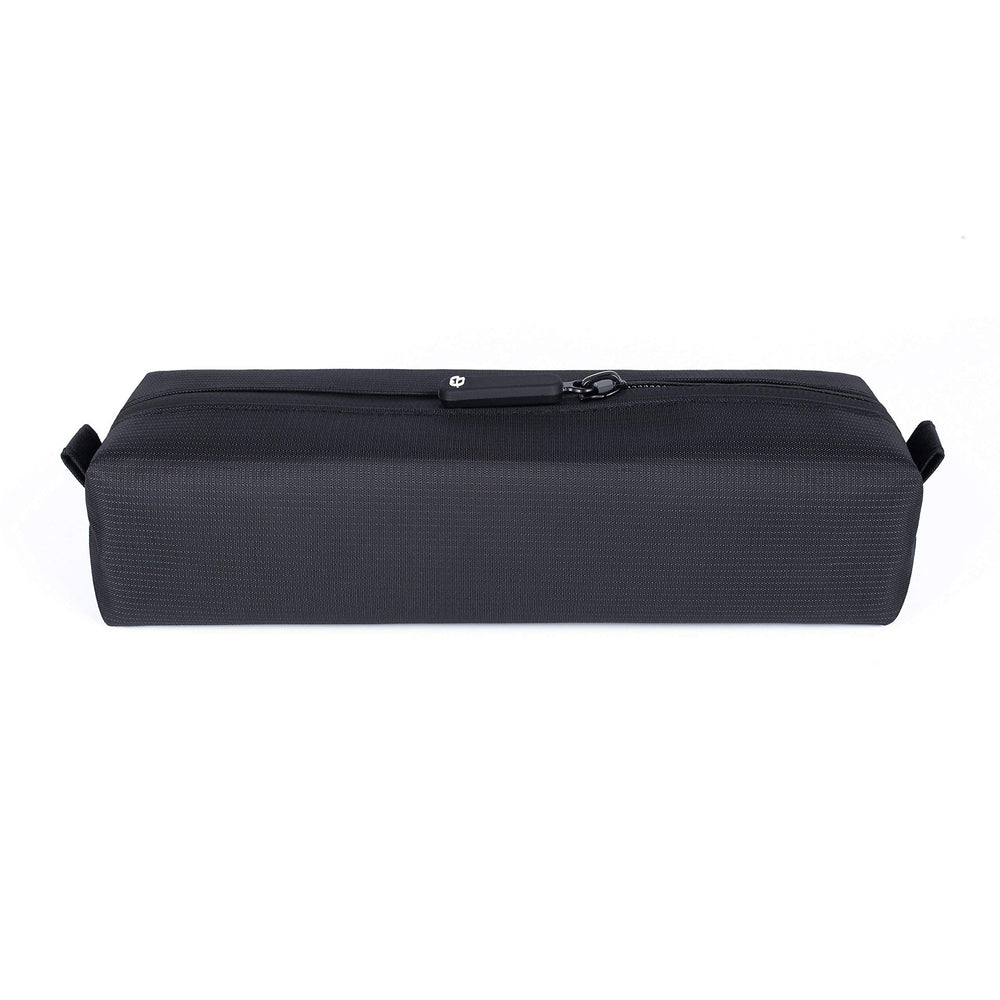 Comfyable front view showing compact black pouch and organized essentials