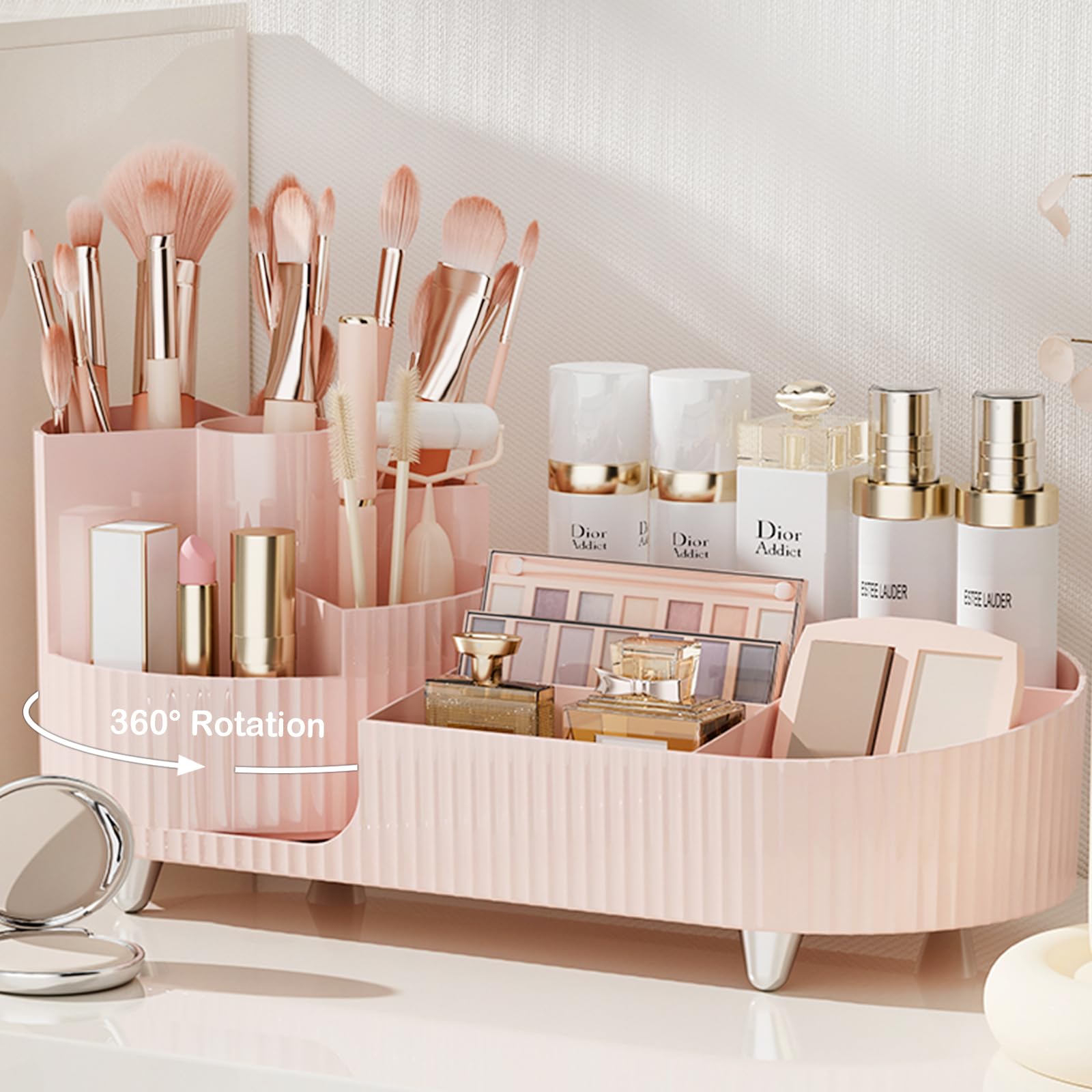 COMFYROOM front view of pink rotating vanity organizer shows tidy storage