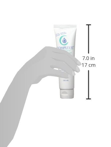 Complex 15 bottle beside common items showing 3.4 oz size and travel-friendly benefit
