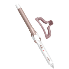 Conair 3/4-inch curling iron front view showing white and rose gold finish and benefits