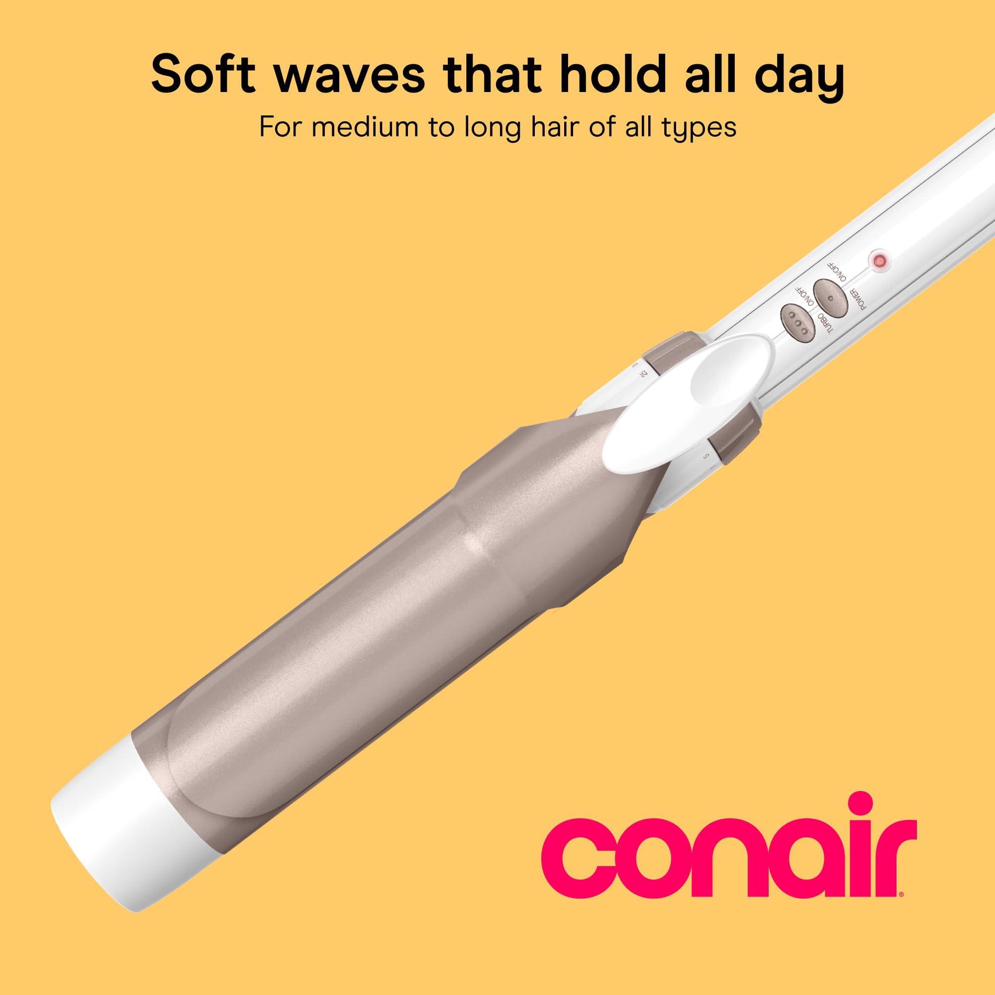 Conair barrel close-up highlighting double ceramic coating for gentler, even styling