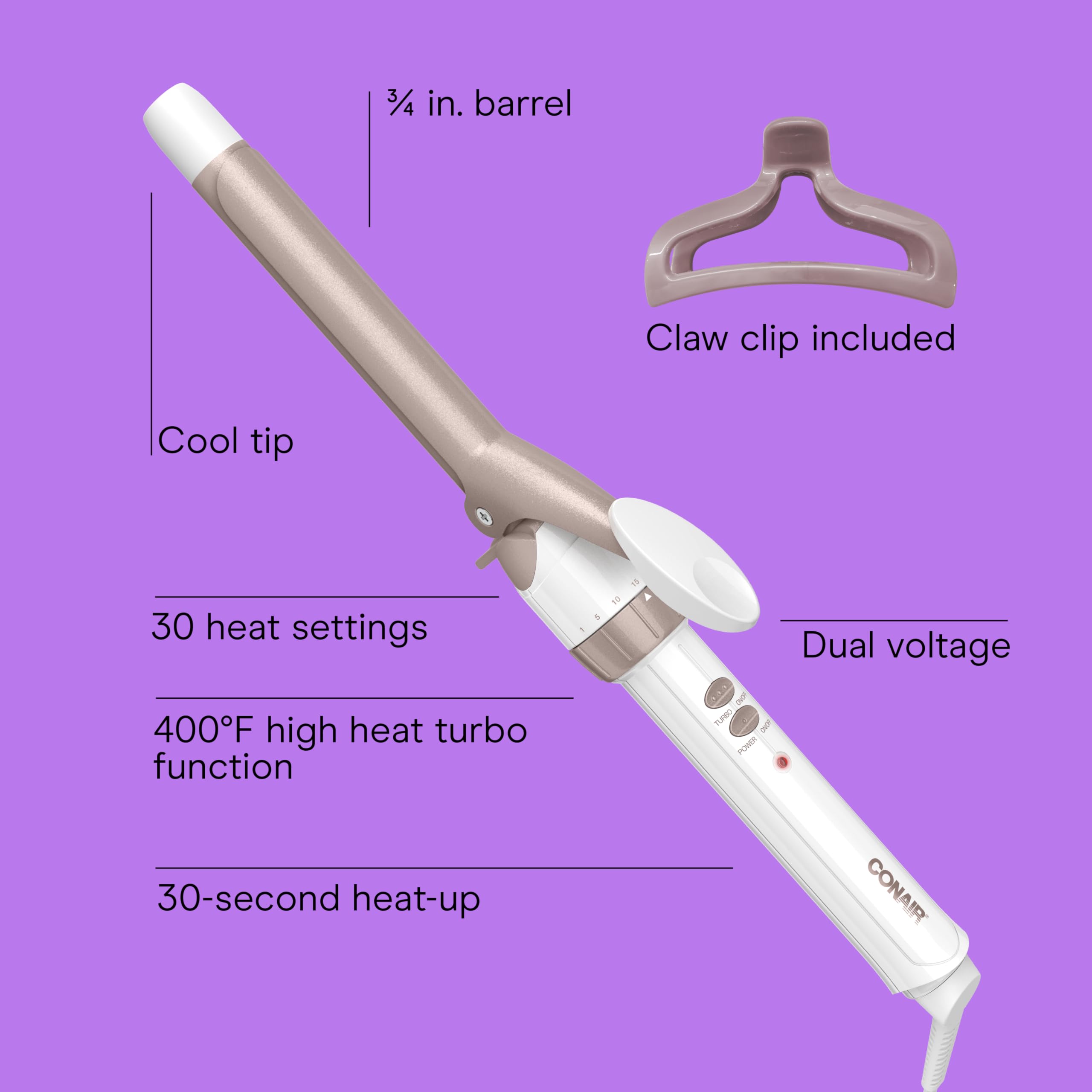 Close-up of Conair double ceramic barrel highlighting smooth heat distribution benefit