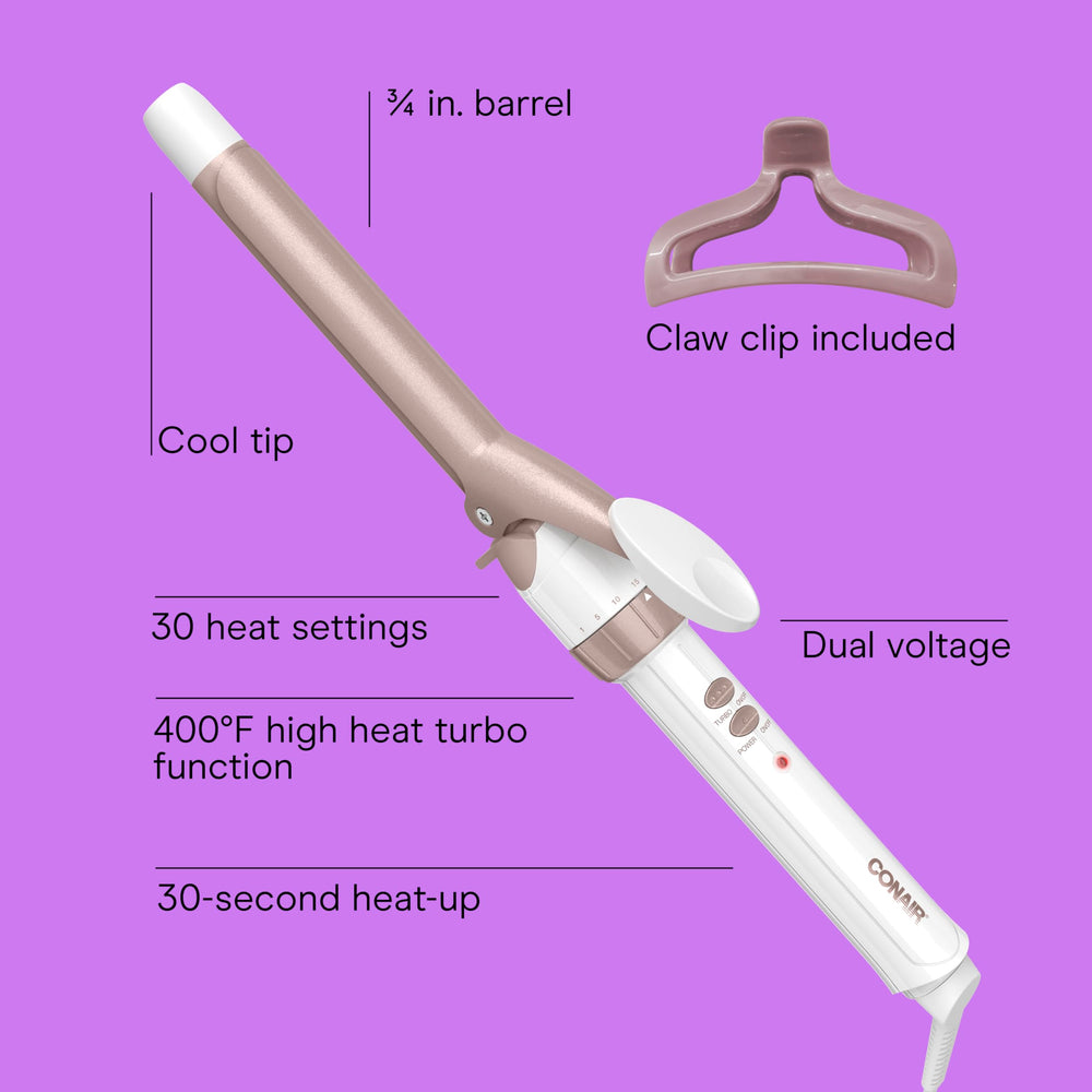 Close-up of Conair double ceramic barrel highlighting smooth heat distribution benefit