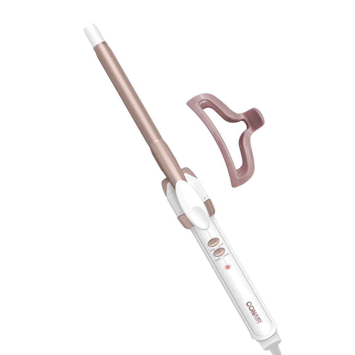 Conair curling iron front view showing white and rose gold finish and compact design for precise curls