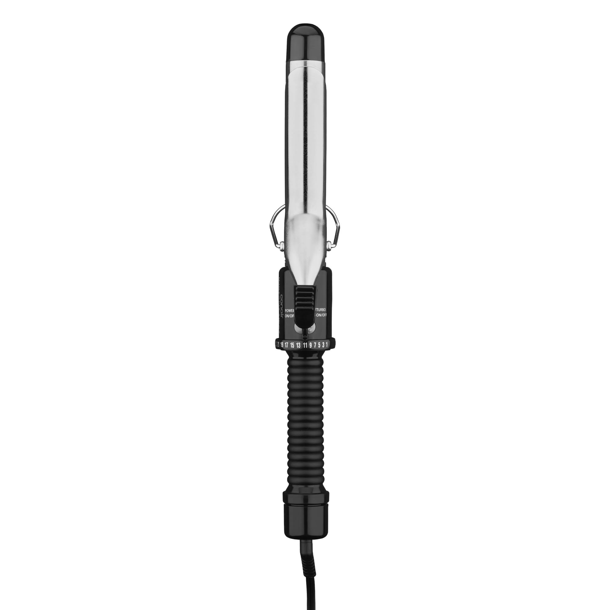 Conair curling iron front view showing sleek black and silver design and reliable styling