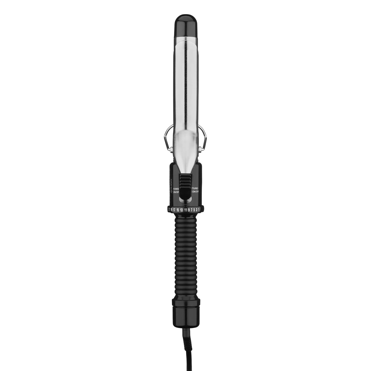 Conair curling iron front view showing sleek black and silver design and reliable styling