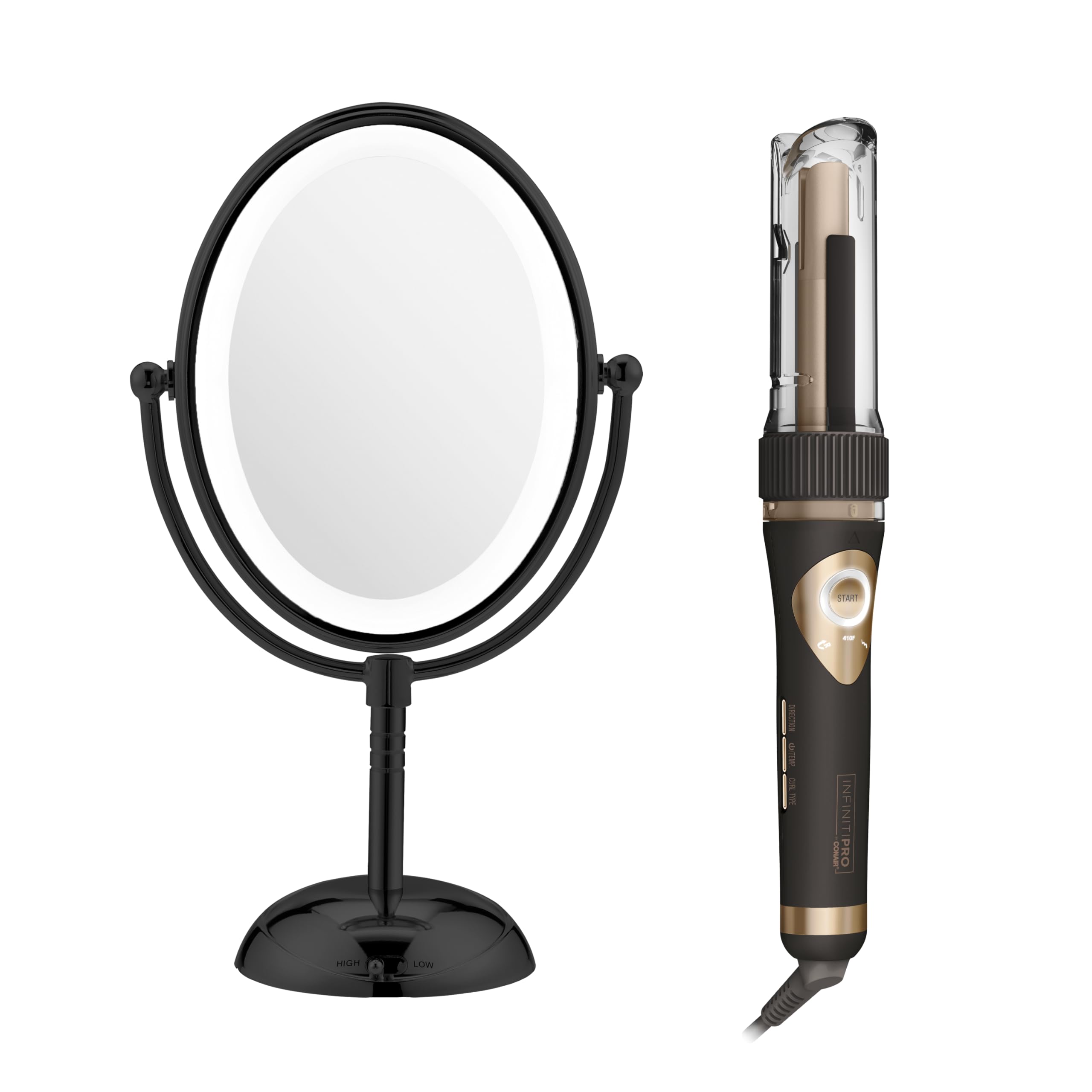 Conair Curl Secret front view showing controls and benefits of quick styling