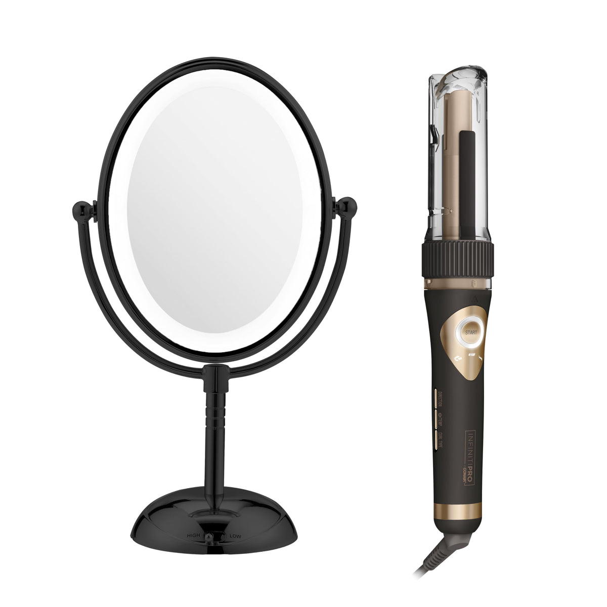 Conair Curl Secret front view showing controls and benefits of quick styling