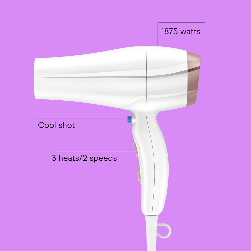 Conair double ceramic hair dryer side profile highlighting sleek white and rose gold design