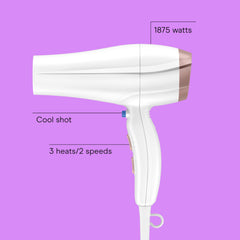 Conair double ceramic hair dryer side profile highlighting sleek white and rose gold design