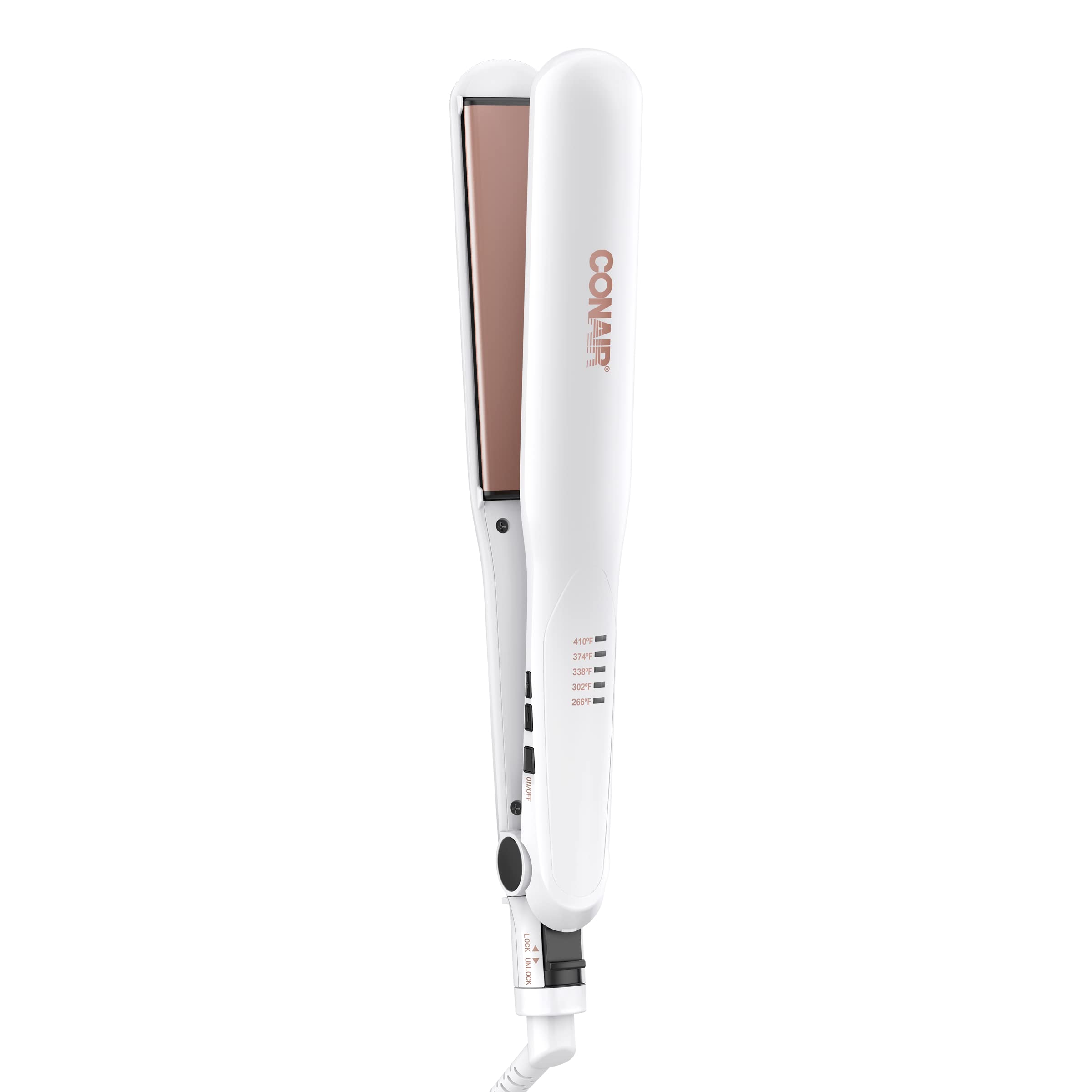 Conair double ceramic flat iron front view showing sleek design and fast styling benefit