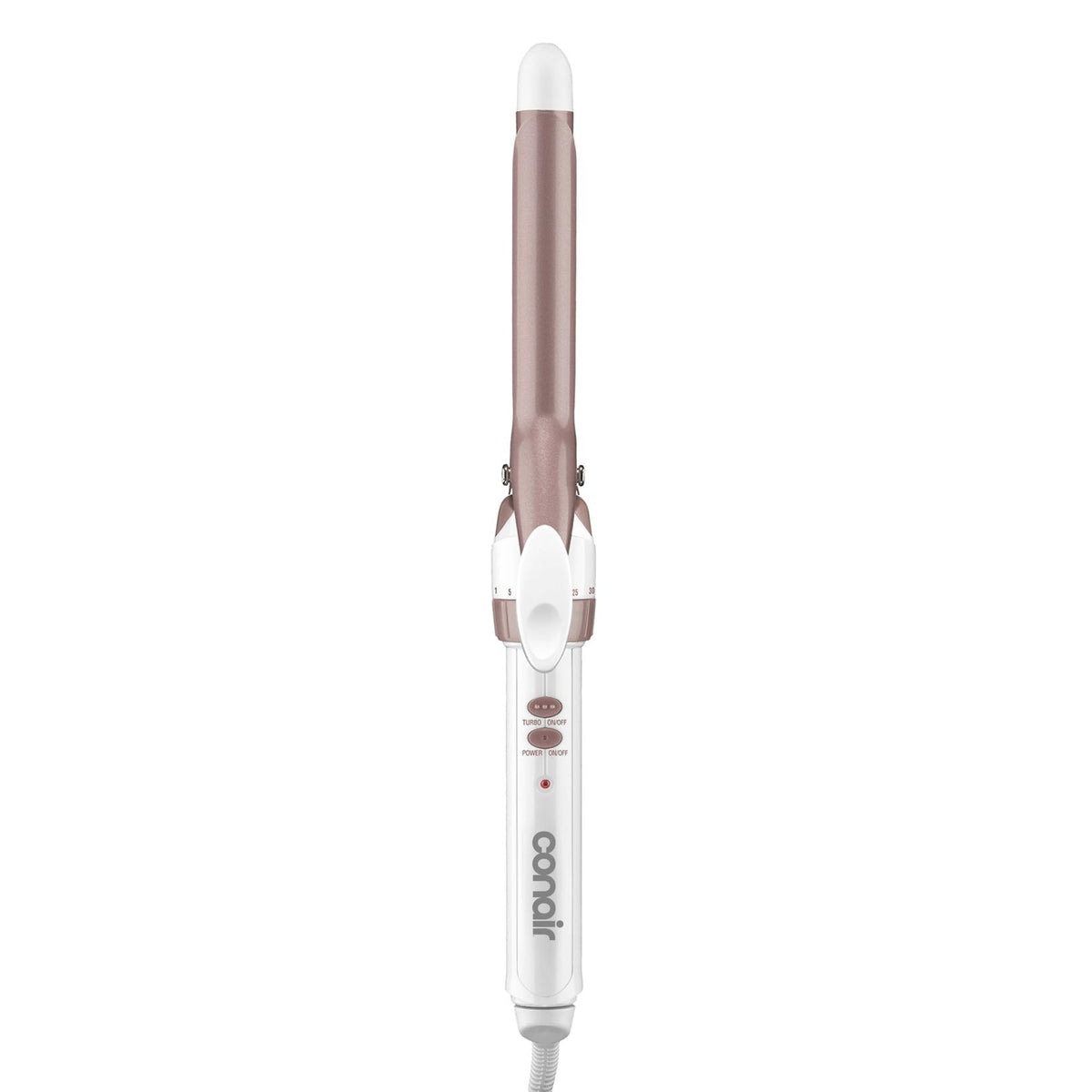 Conair curling iron front view showing white and rose gold design benefit ergonomic grip