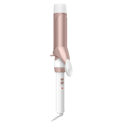 Conair curling iron front view showing sleek white and rose gold finish and even heat distribution benefit