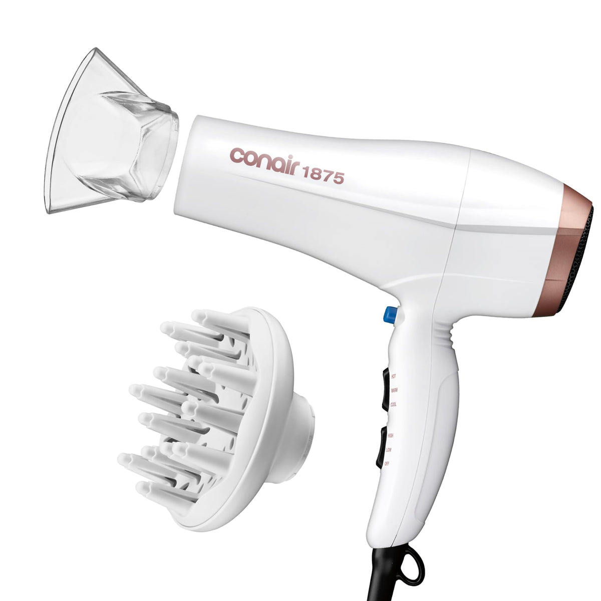Conair dryer front view showing sleek design and fast drying benefit