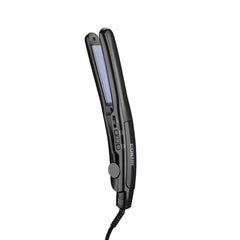 Conair flat iron front view showing sleek design and benefit of comfortable grip