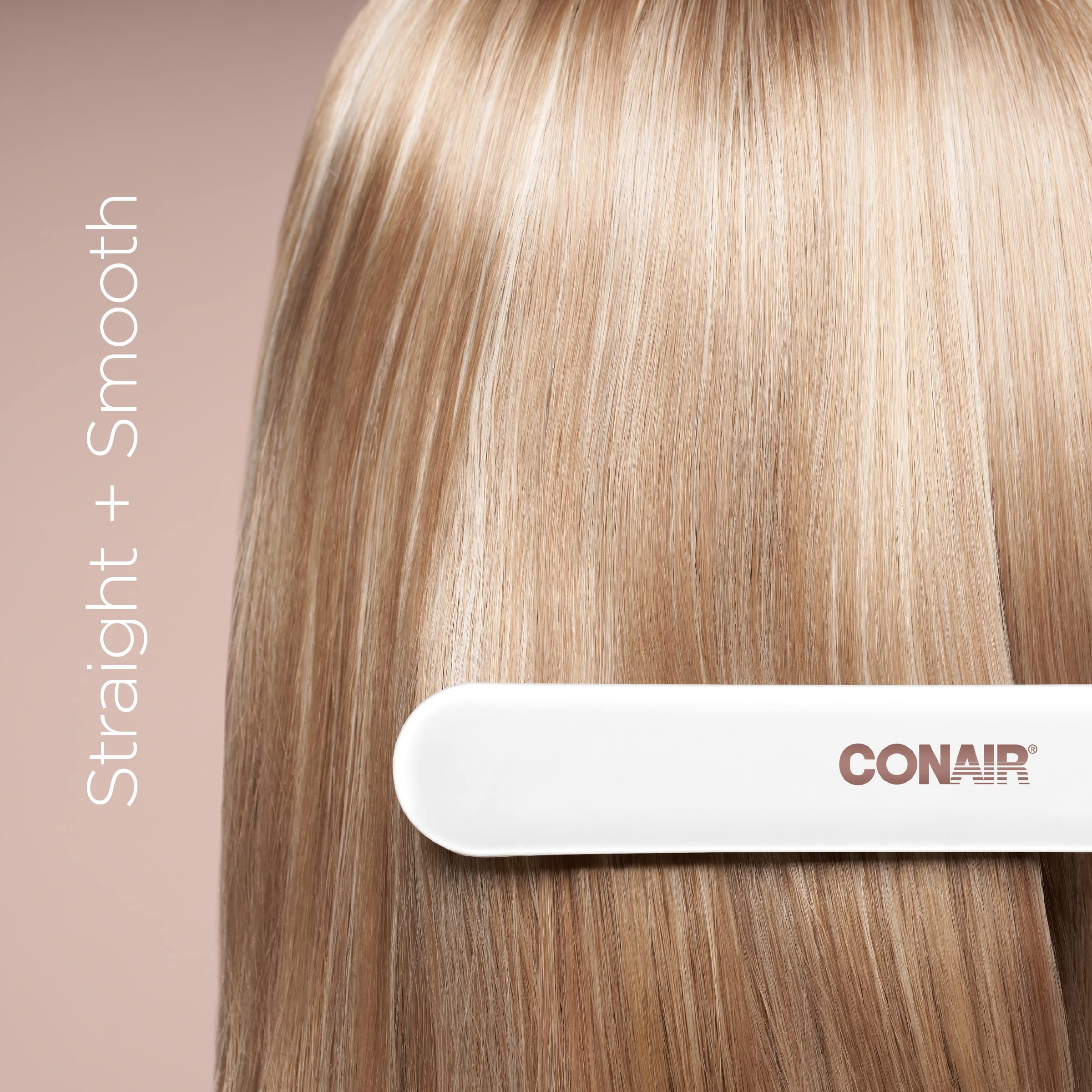 Conair flat iron in use on long hair delivering smooth, frizz-reduced results