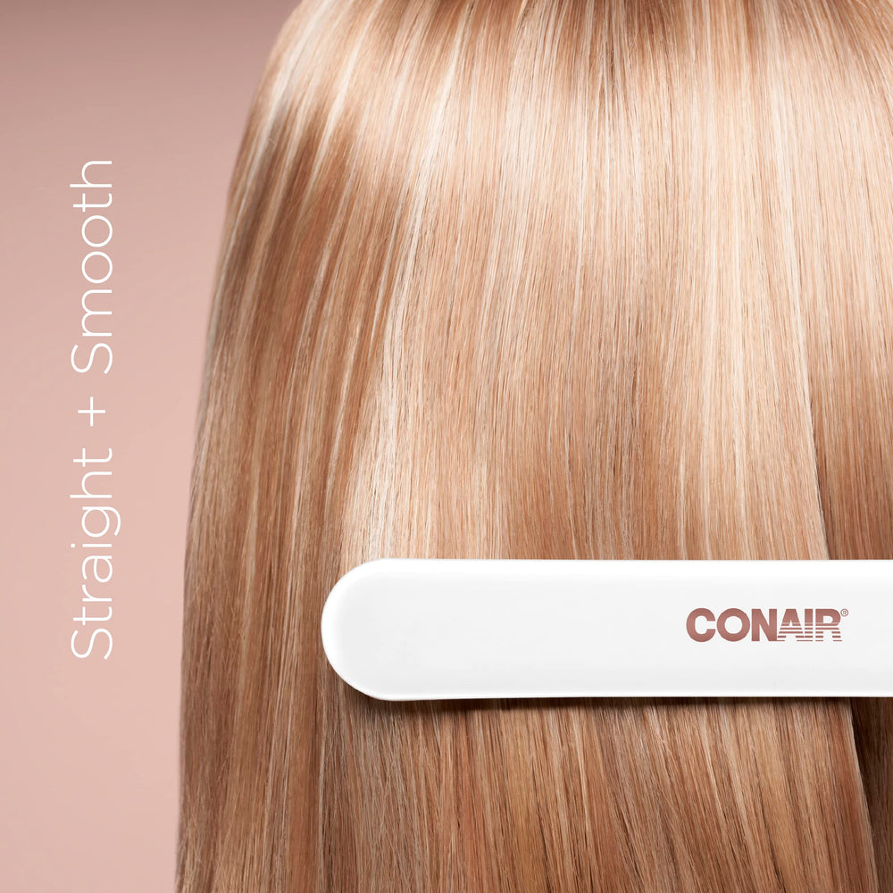Conair flat iron in use on long hair delivering smooth, frizz-reduced results