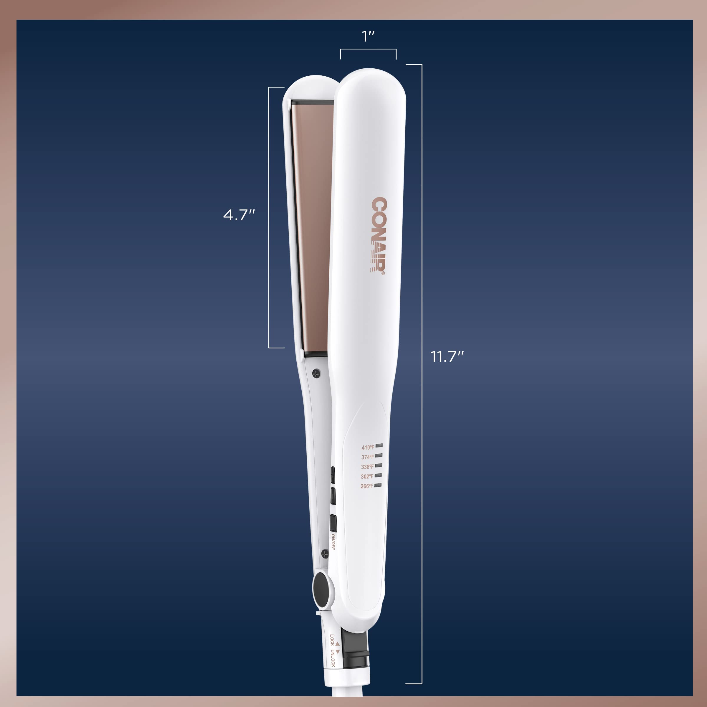 Conair flat iron beside hand showing extra-long plates for faster coverage