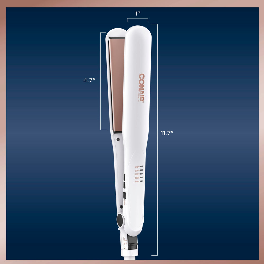 Conair flat iron beside hand showing extra-long plates for faster coverage