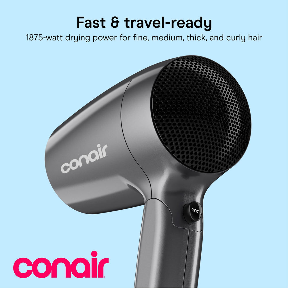 Conair folded handle demonstrating compact storage benefit for travel