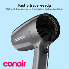 Conair folded handle demonstrating compact storage benefit for travel