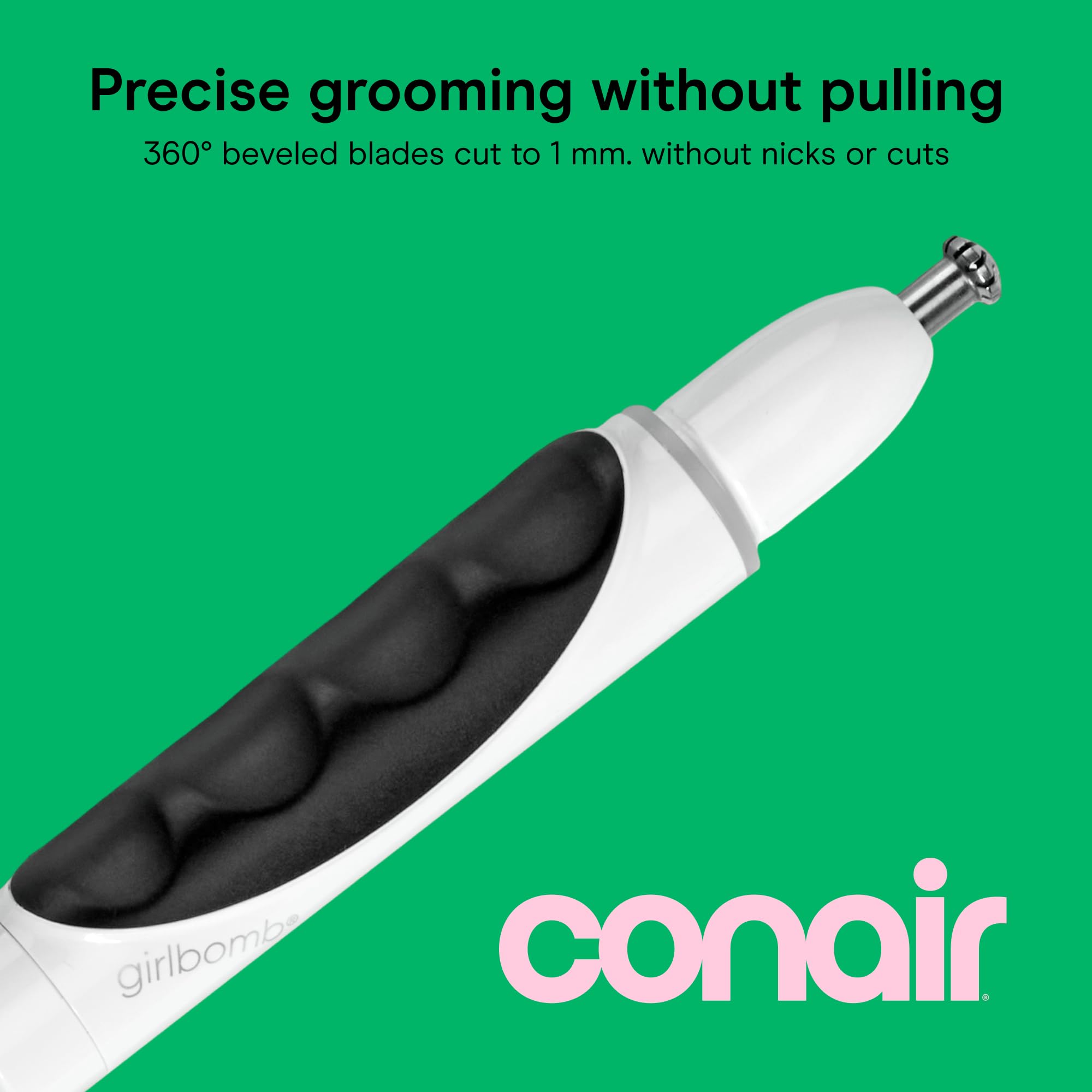 Conair GIRLBOMB blade close-up demonstrating gentle, no-pull cutting