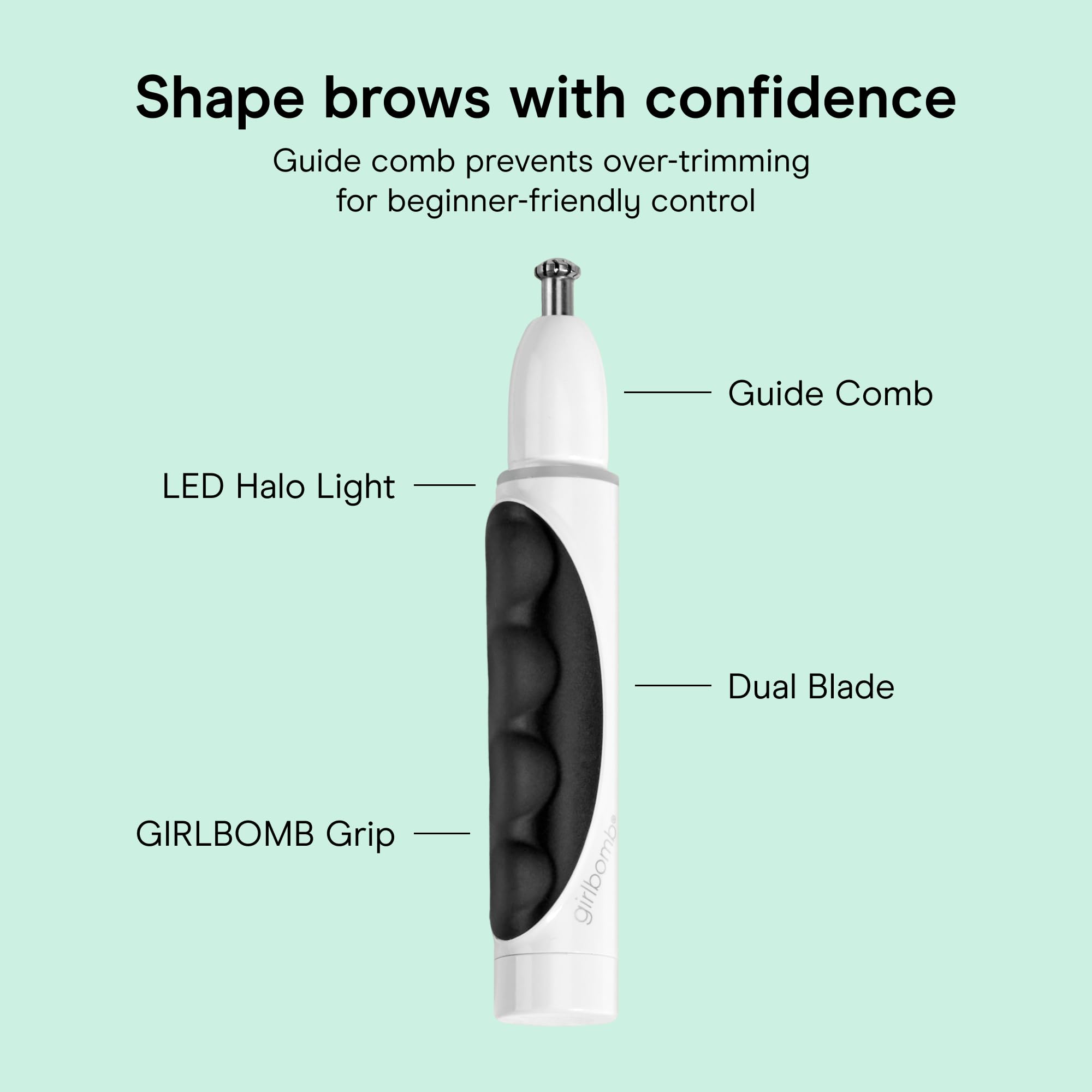 Conair GIRLBOMB eyebrow guide attachment showing even shaping benefit
