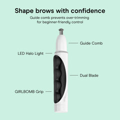 Conair GIRLBOMB eyebrow guide attachment showing even shaping benefit