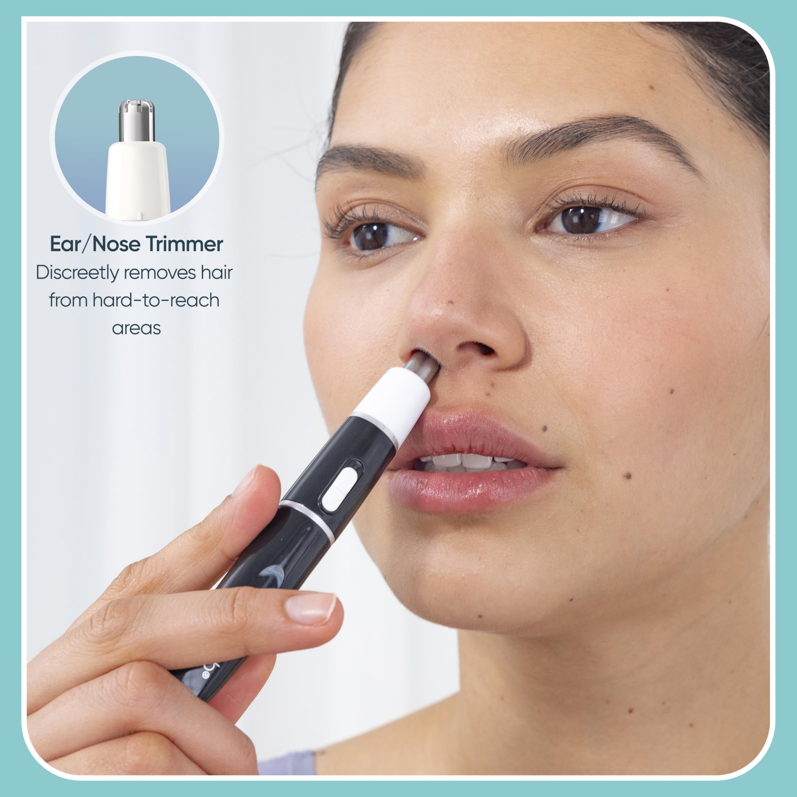 Conair GIRLBOMB nose and ear attachment in use demonstrating safe grooming benefit