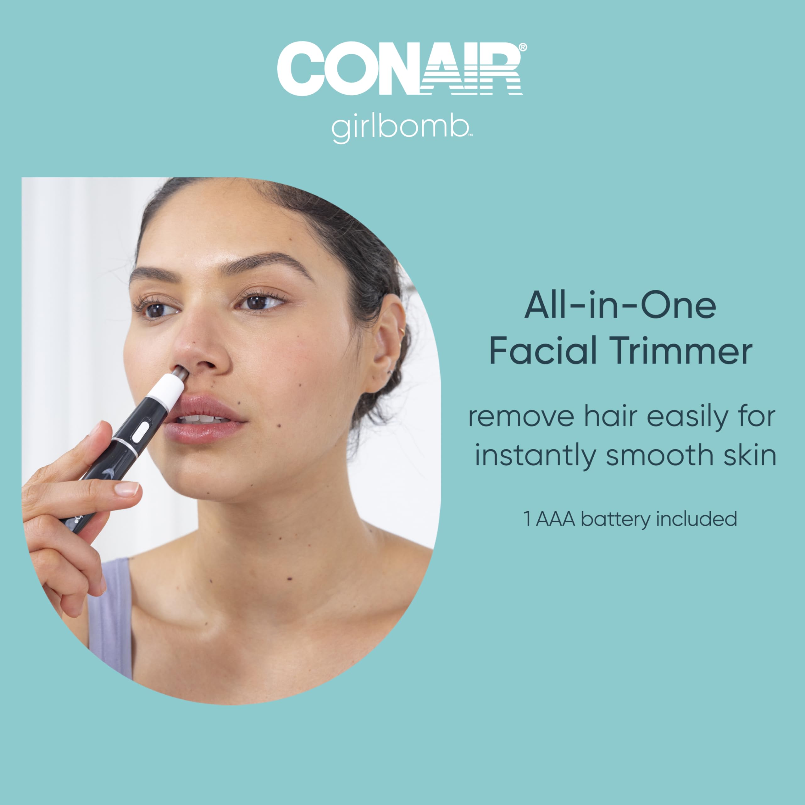 Conair GIRLBOMB trimmer next to ruler showing compact size and portability benefit
