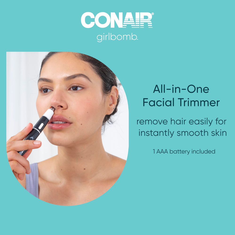 Conair GIRLBOMB trimmer next to ruler showing compact size and portability benefit