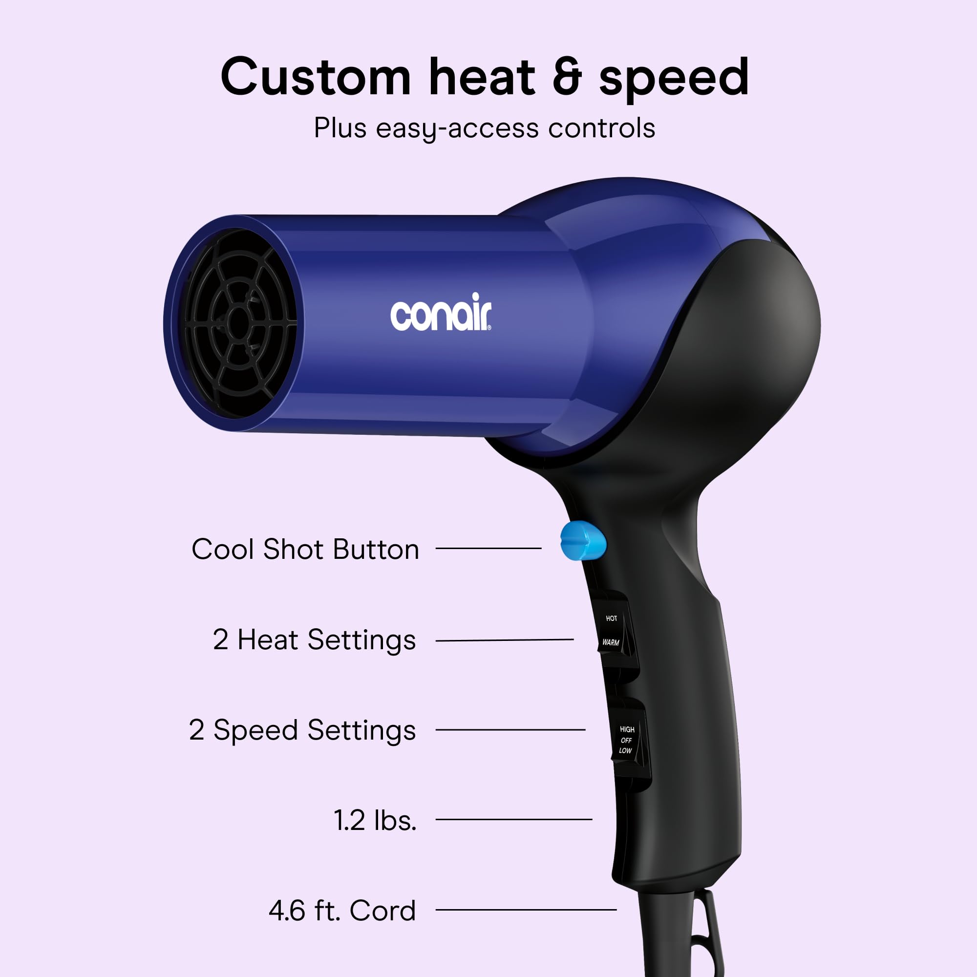 Conair handle and controls showing ergonomic grip and reachable buttons for comfort