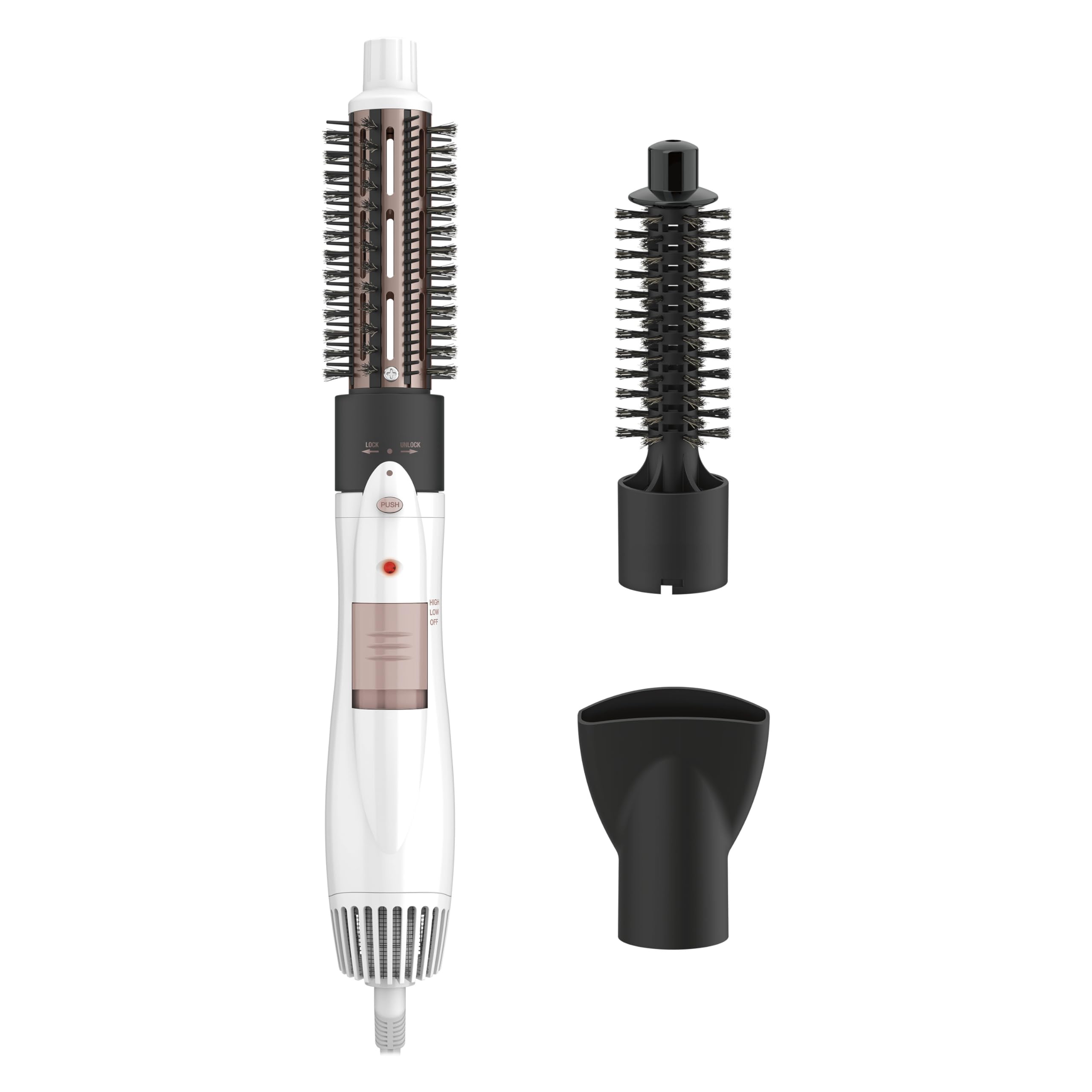Conair hot air brush front view showing controls and benefits of fast styling