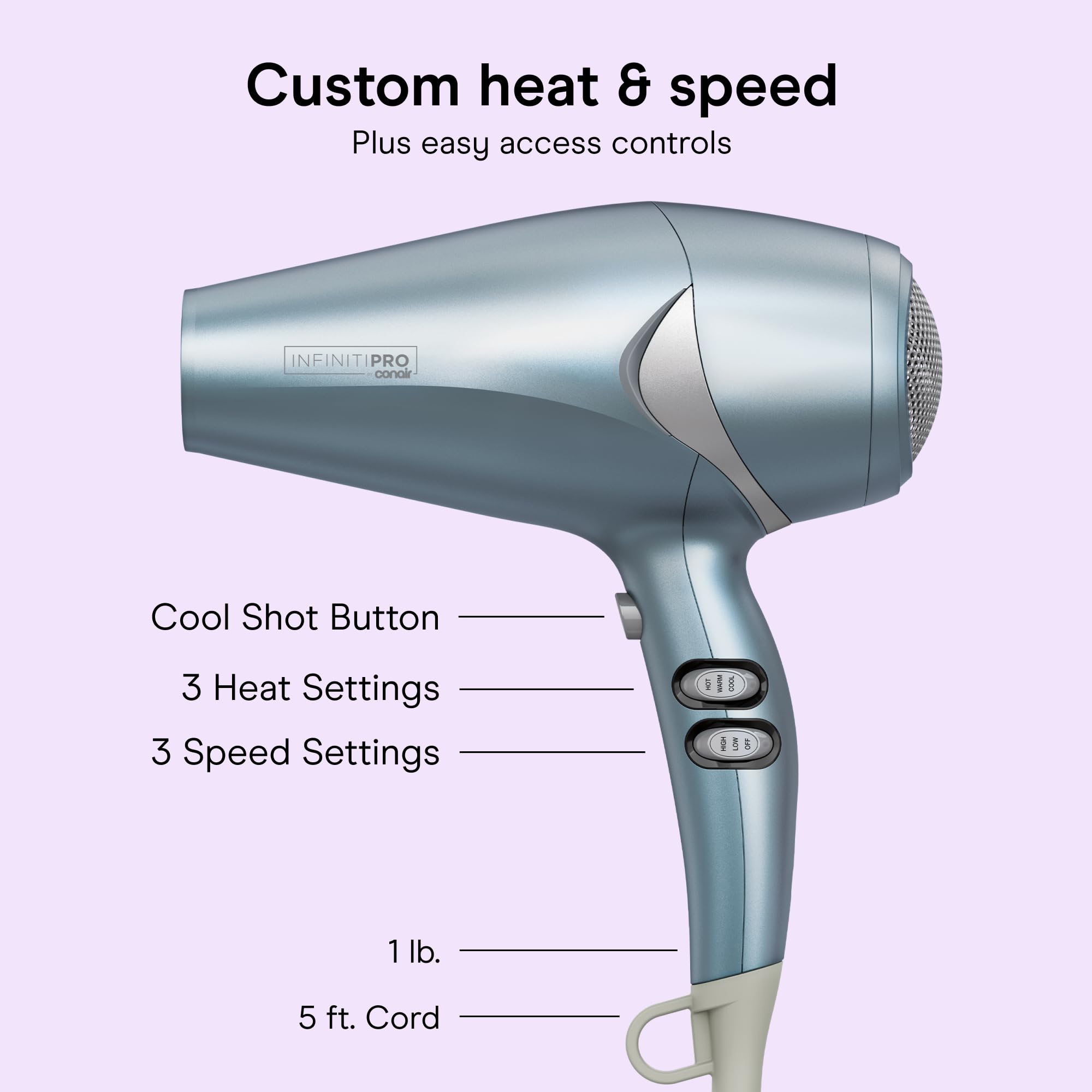 Conair InfinitiPRO side profile with handle demonstrates lightweight comfort during styling