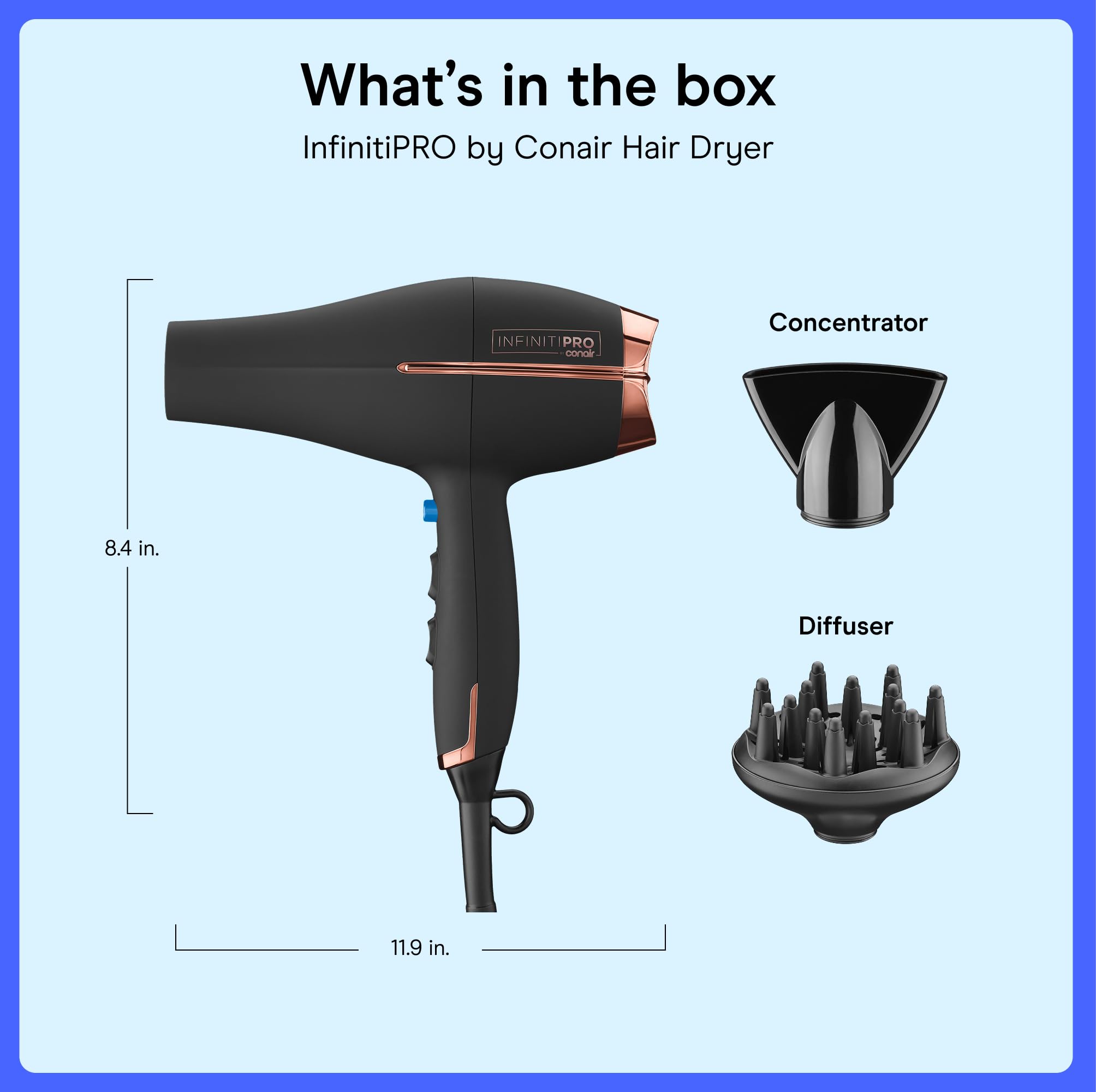 Conair InfinitiPRO held in hand to show size and balanced weight advantage