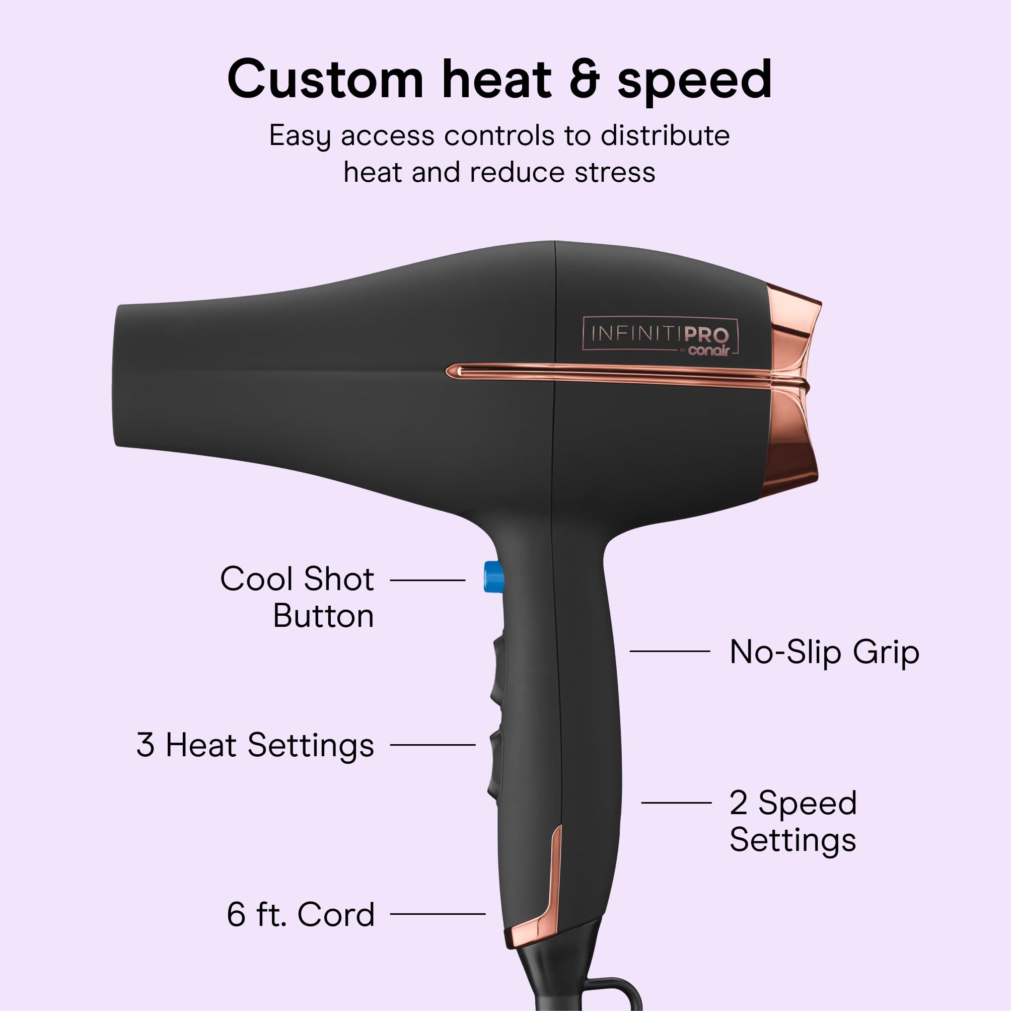 Conair InfinitiPRO velvet-touch handle close-up for comfortable grip benefit