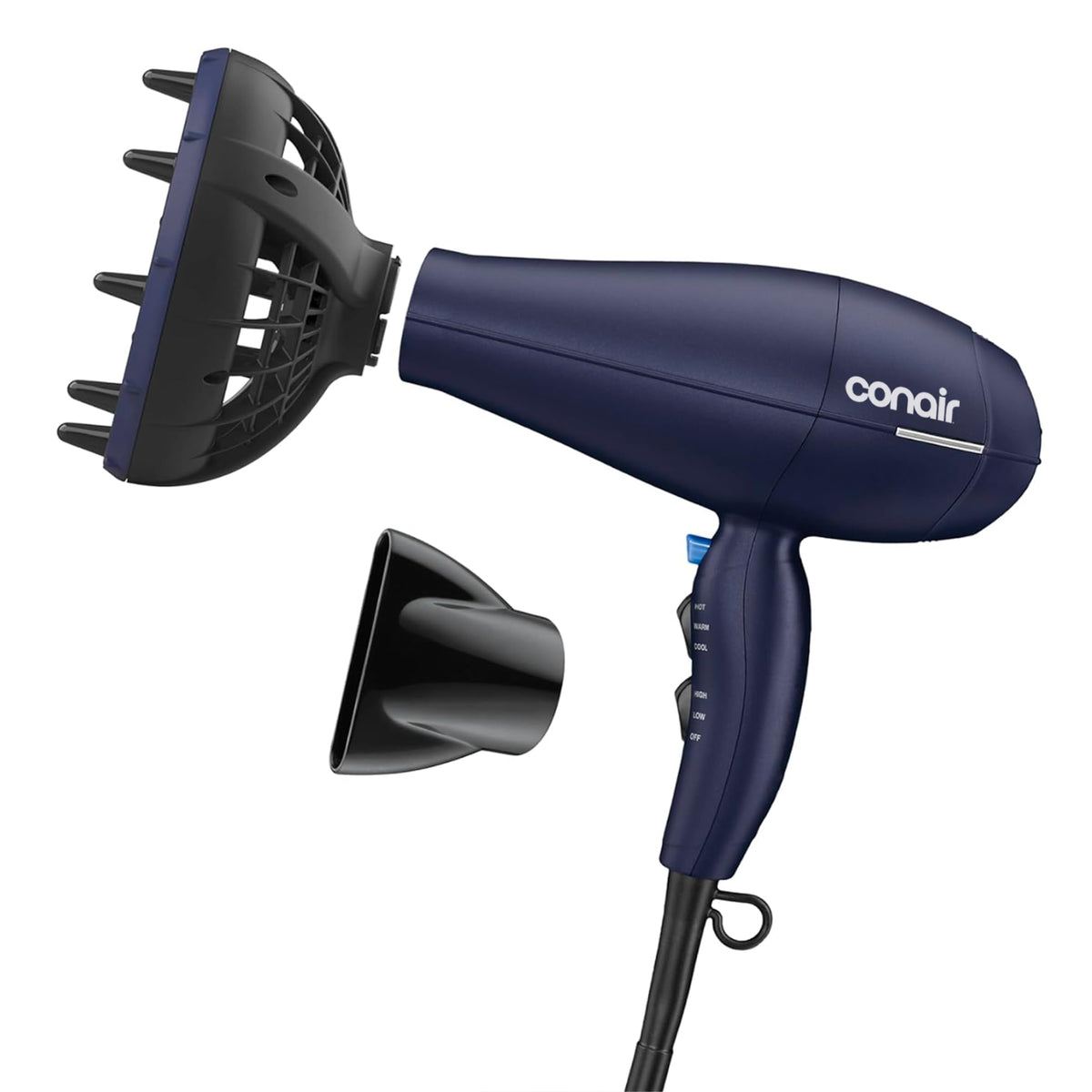 Conair InfinitiPRO dark blue front view showing sleek design and fast drying