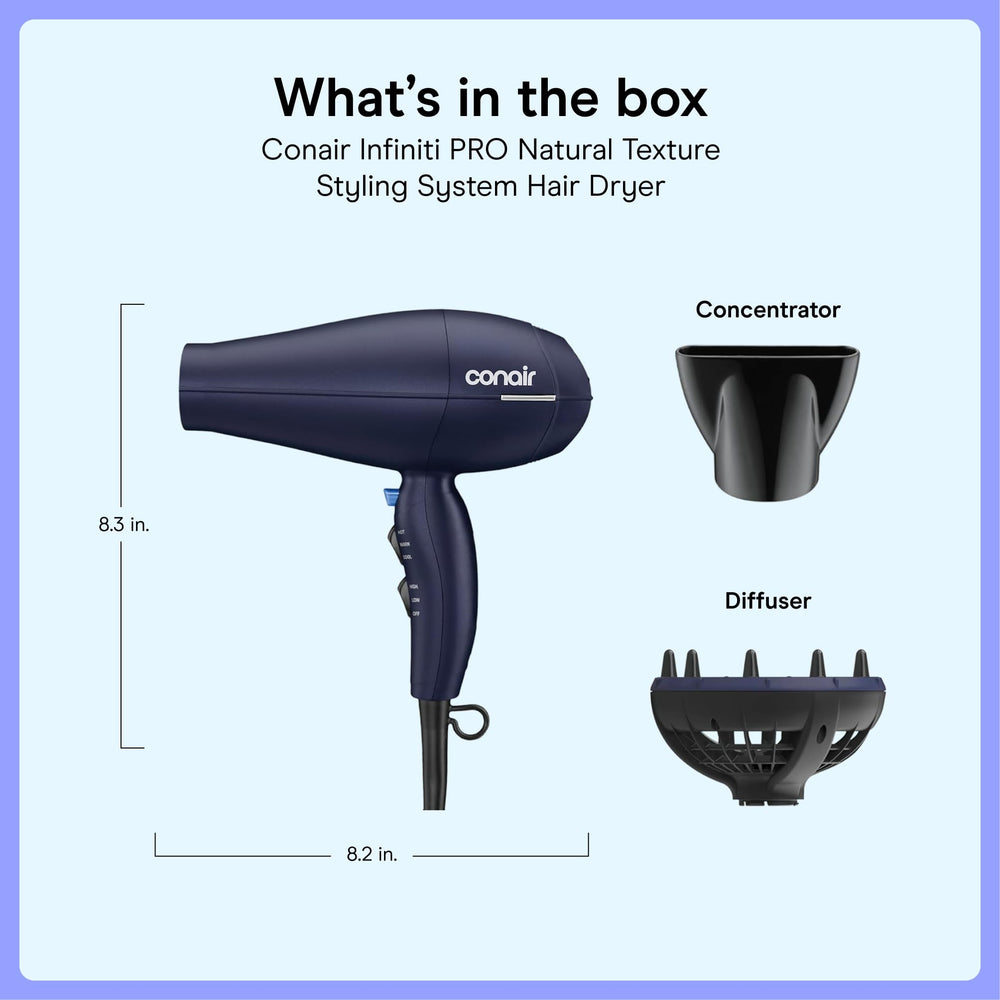 Conair dryer size compared with hand showing compactness and portability
