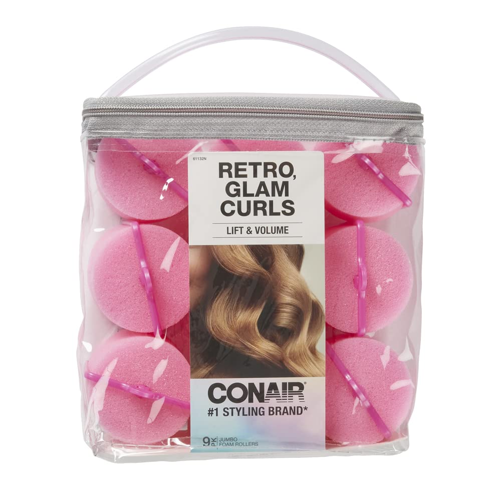 Conair jumbo foam rollers front packaging showing nine pink rollers and bag for easy grab-and-go