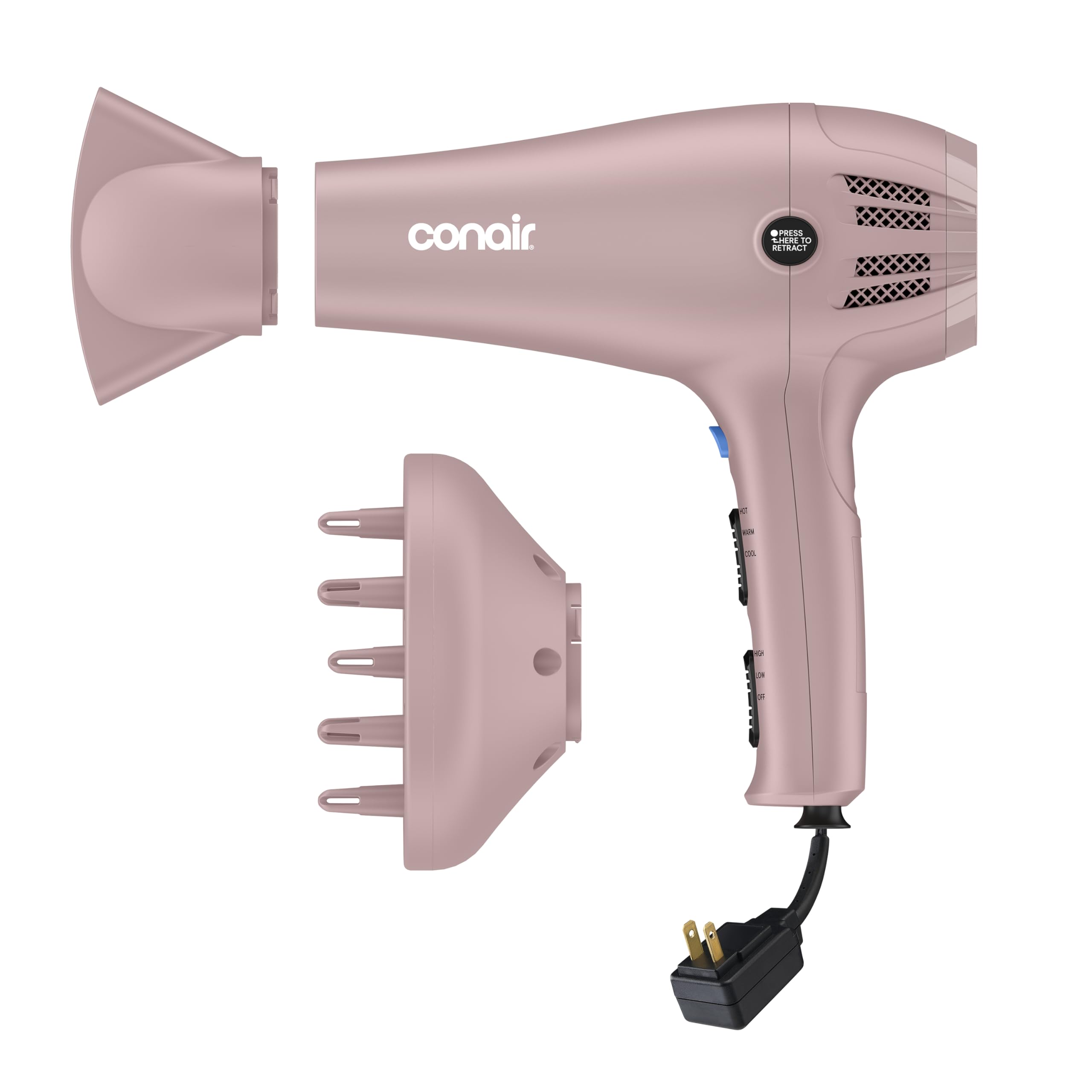 Conair matte light pink front view showing sleek dryer and attachments for versatile styling
