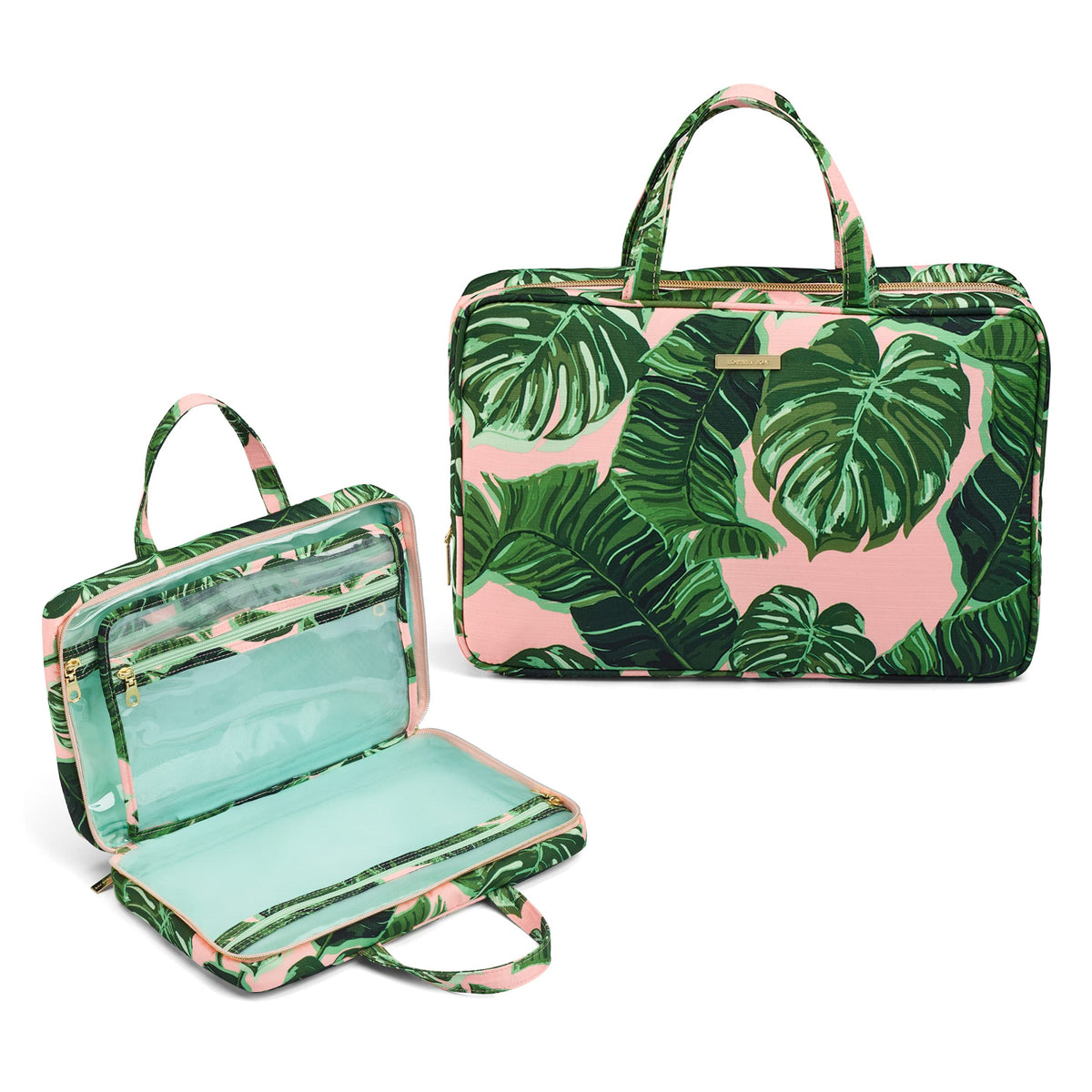 Conair weekender front view showing palm print and gold zippers for stylish travel